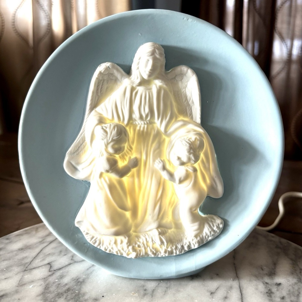 VTG Guardian Angel Bisque Porcelain 7" Blue White Soft Glow Night Light Religion